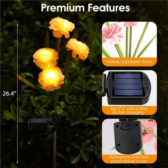 Solar Carnation Stake Lights Outside with 12 Real Looking Flowers for Yard Decor - Picture 2 of 8